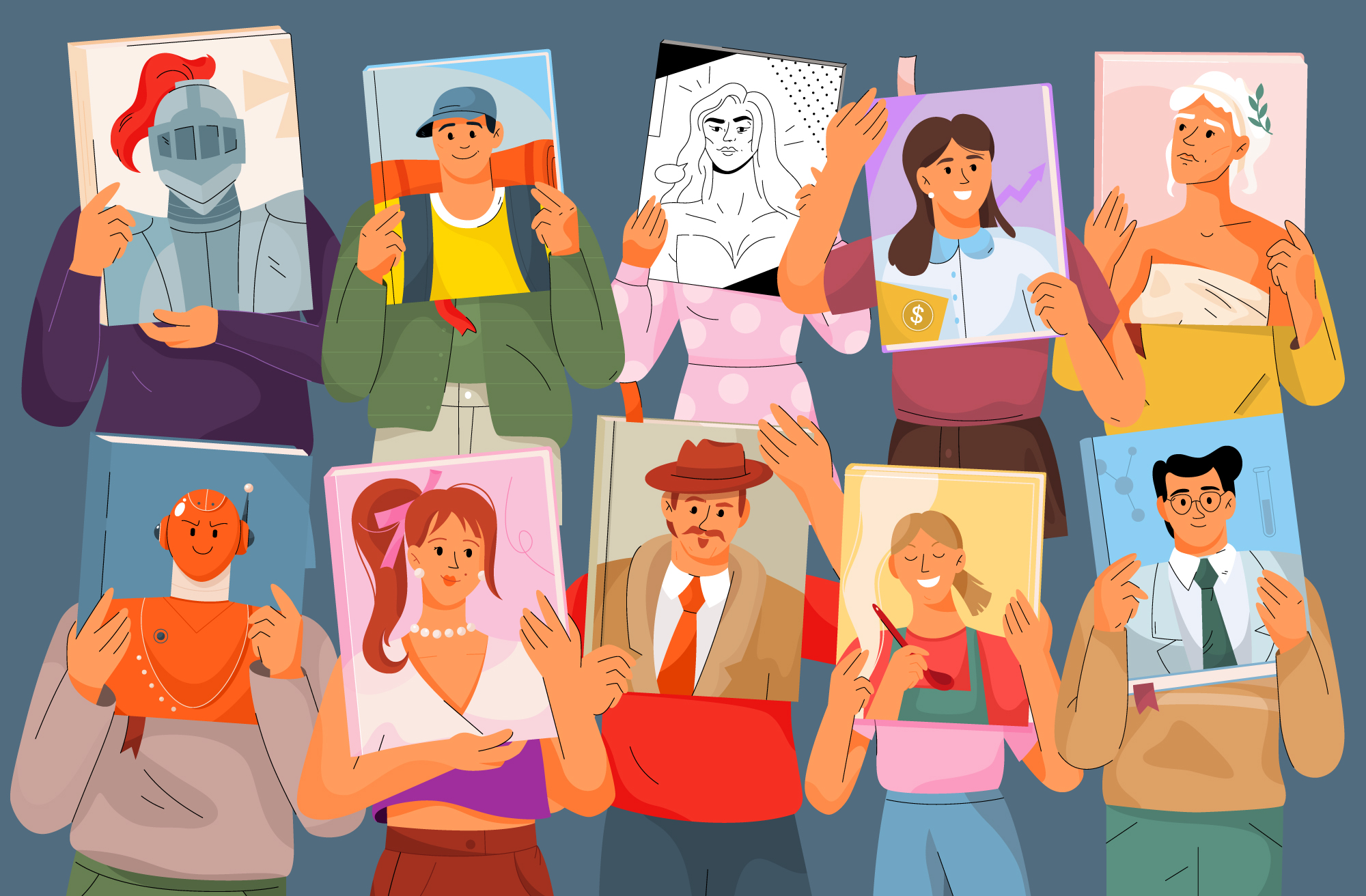 Feature image: Illustration of people holding up books with images of different people on the book covers