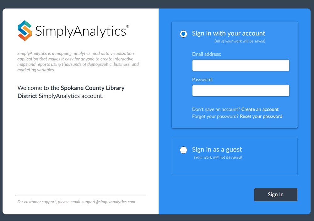 Figure 1. The login screen for SimplyAnalytics, where you can click to create an account, log in, or continue as a guest