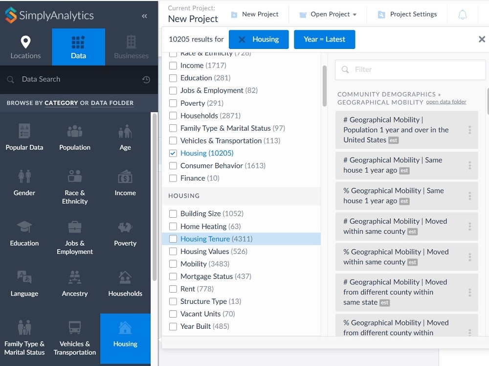 Figure 11. Selecting even more variables under Housing to populate useful data for the project