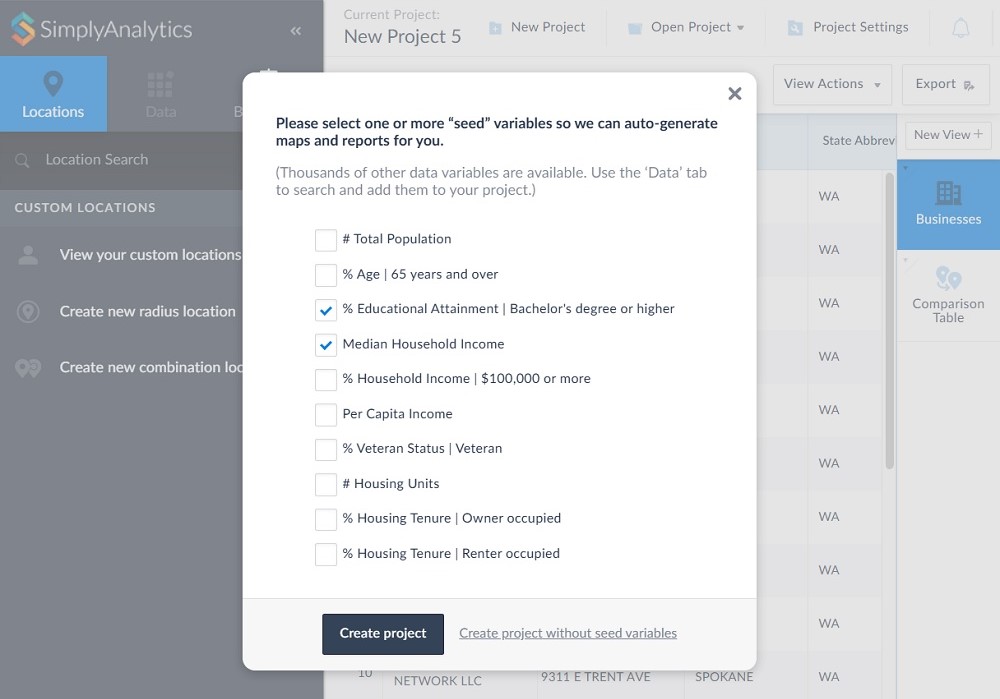 Figure 5. Seed Variables (also known as starting variables) to generate initial data for new projects