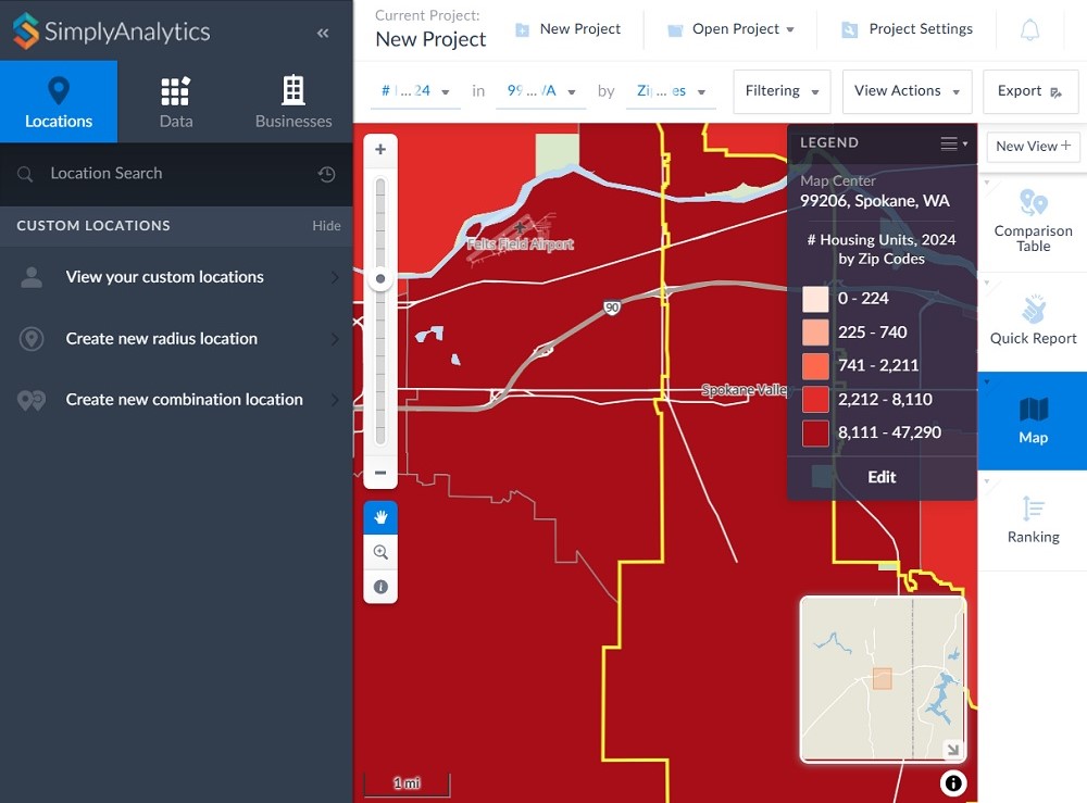 Figure 7. Map View of initial data for a New Project with Housing Seed Variables